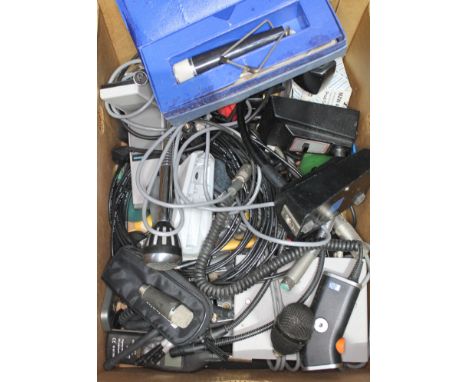 A box of microphones and spares including a vintage Philips flexi mic on table stand, a Grundig GDM 312, Beyerdynamic etc.  