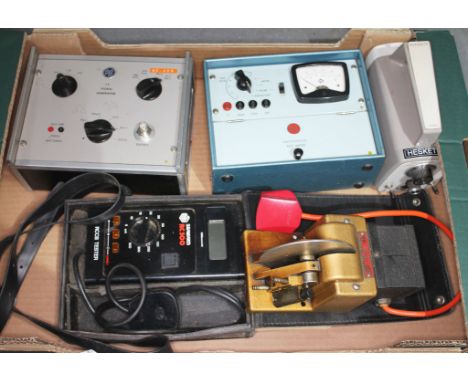 Assorted vintage electrical equipment including a PYE Radiotelephone Test Meter, a PYE Signal Generator, a Hy Flo air pump, a