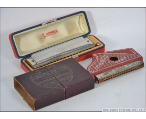 A Hohner 64 Chromonica harmonica, in original case along with a Hohner Harmonete, again retaining original case.