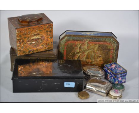 A mixed vintage retro lot to include a Huntley And Palmer biscuit tin , plus decorative tin plus decorative tea caddy with fa