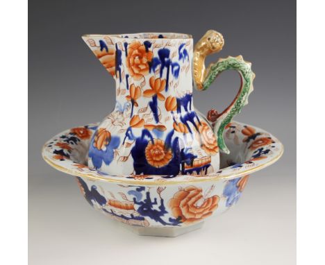 A George III Mason's Patent Ironstone China Hydra zoomorphic ewer and basin, early 19th century (circa 1813-1820), the octago