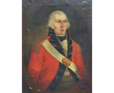 Manner of John Hoppner R.A. (1758-1810),A half length oil portrait of a military officer, his sash with gilt monogrammed badg