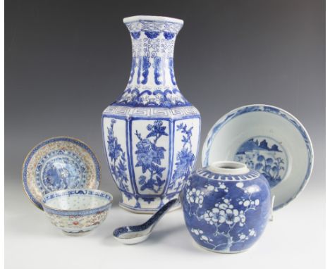 A selection of Chinese porcelain, 18th century and later, comprising; an 18th century blue and white bowl, Kangxi four charac