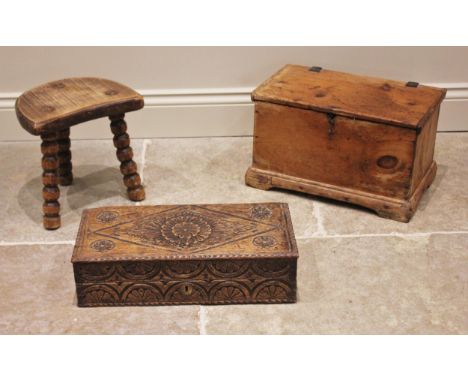 A 19th century pine box, with a vacant interior, upon a plinth base with integral bracket feet, 26cm H x 44cm W x 25cm D, alo