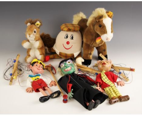 A Steiff 'Cosy Furdy' Pony, with yellow ear tag, a Steiff Squirrel with yellow ear tag, a Merrythought humpty dumpty, and thr