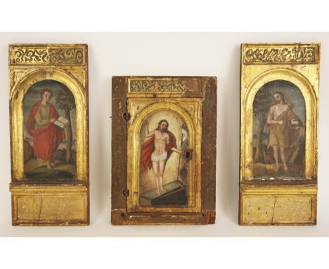 Three painted wooden panels, 19th century, probably taken from a Spanish altarpiece, each naively painted with Christ figures