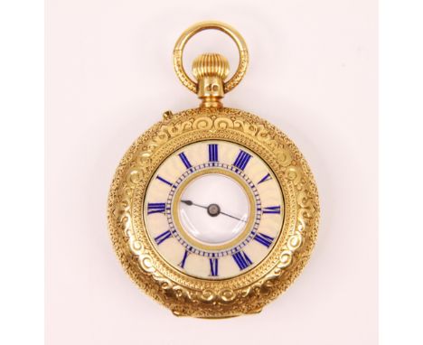 A Victorian 18ct yellow gold ladies half hunter pocket watch, the circular white enamel dial with roman numerals, case diamet