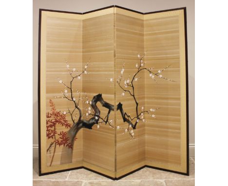 A Japanese silk four-fold room screen / divider, circa 1940, each panel painted with a blossoming prunus branch, signed, 166.