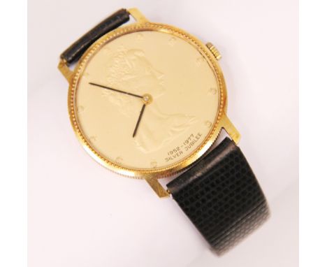 A Mappin & Webb 18ct gold commemorative wristwatch, celebrating the silver jubilee of HM Queen Elizabeth II, the circular dia