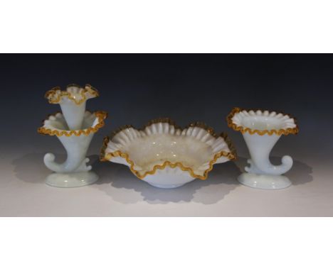 A selection of epergne parts and components, to include; a Fenton opaque white glass bowl with amber coloured crimped rim, 25