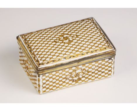 A French enamel box with hinged cover, mid 19th century, gilt lattice detail throughout, with gilt metal mounts, and moulded 