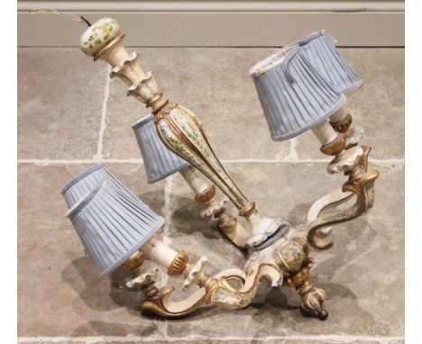 A painted pine five branch chandelier, late 19th/early 20th century, probably Italian, the inverted baluster column highlight