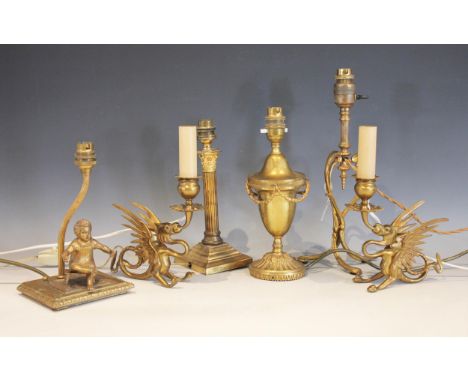 A collection of six brass and gilt metal desk lamps, to include a pair modelled as Griffins, 20cm H, Corinthian column lamp, 