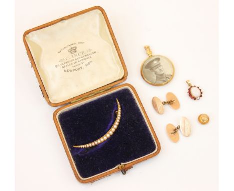 A selection of jewellery, including a seed pearl set yellow metal crescent brooch, the graduated seed pearls claw set to a ye