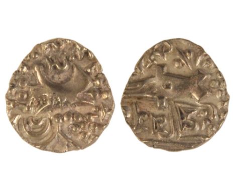 Kidarite Huns, Sri Vinayaditya, circa late 5th century A.D, debased stater, highly stylied king standing left holding trident