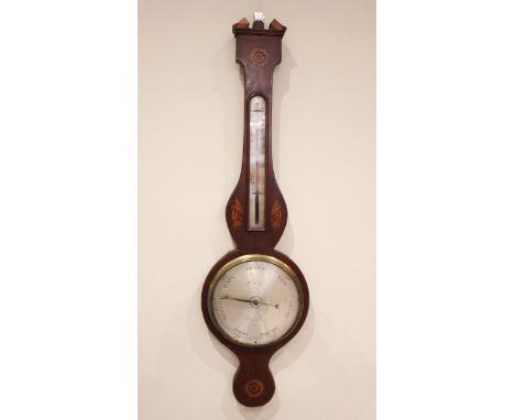 A George IV banjo barometer, signed P Rival Edinburgh, the mahogany case inlaid with conch shells and flowerhead roundels, wi