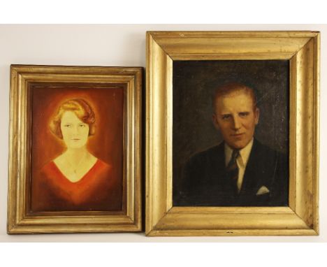 English school (mid 20th century),A 1950's bust length portrait of a lady in a red dress,Oil on canvas,Unsigned,40cm x 29.5cm
