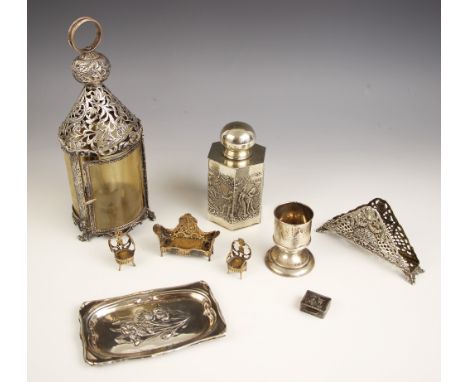 A selection of silver and silver coloured items, to include an Edwardian silver pin dish, Henry Matthews, Birmingham 1907, th