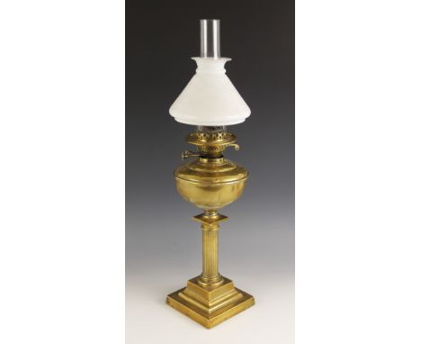 A Victorian Duplex oil lamp, late 19th century, the  reeded Doric column on stepped square base, with associated chimney and 