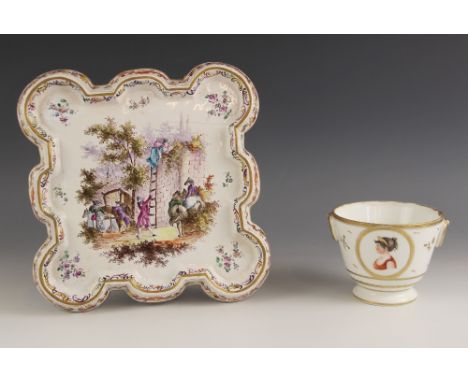A continental porcelain bowl, 19th century, modelled in the classical manner with moulded faux drop-ring handles, enamelled t