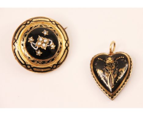 A late 19th century seed pearl and enamel mourning brooch, the circular brooch with black enamel decoration on yellow metal e