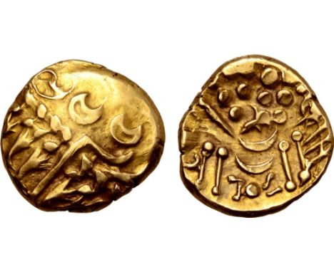 Britannia, the Belgae AV Stater. 1st century BC. Wreath, cloak and crescents / Disjointed horse left, rectangular body and ma