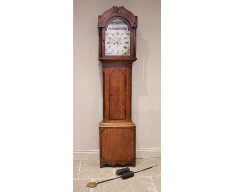 An oak and mahogany eight day longcase clock, signed Cairns and possibly Morpeth, early 19th century, the 33cm painted break 