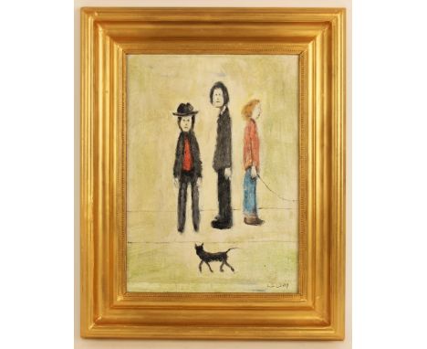 After Laurence Stephen Lowry, RBA, RA, (British, 1887-1976),'Three Men And A Cat', a late 20th century copy after the 1963 or