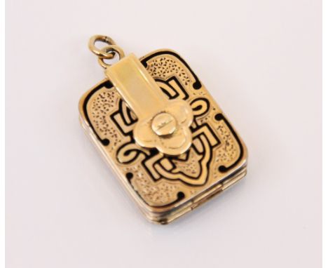 A Victorian enamel and yellow metal locket, the rectangular locket with black enamel decoration and florally engraved reverse