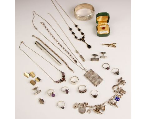 A selection of silver jewellery, to include a Victorian style hollow bangle, 'MJ' Birmingham 1974, a Swiss silver ingot mount