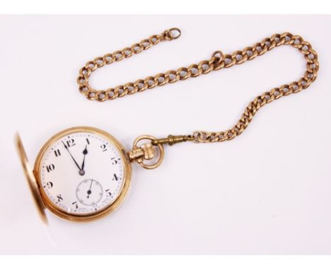 A 9ct yellow gold full hunter pocket watch, the circular white enamel dial with Arabic numerals with subsidiary dial to 6 o'c