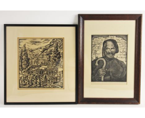 Greek school (20th century),Portrait of a shepherd with mountain village beyond,Limited edition woodblock print on paper,Sign