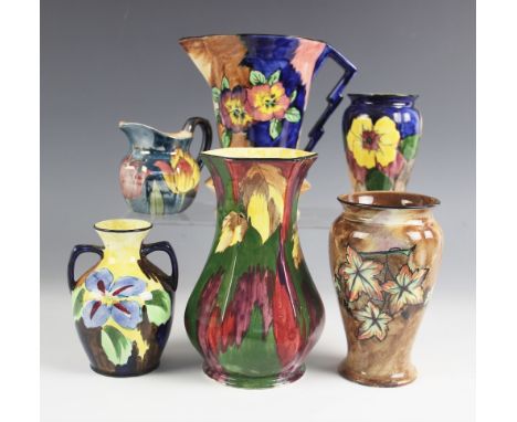 A collection of Hollinshead &amp; Kirkham Tunstall Art Deco ceramics, to include a jug, 16cm high, a hexagonal vase, 17cm hig