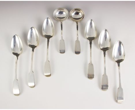 A set of six William IV silver fiddle pattern serving spoons, Charles Taylor &amp; Son, London 1836, 22cm long, with a pair o