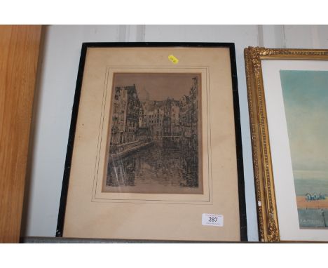 P B Silk, pencil signed etching 'Canal Scene'