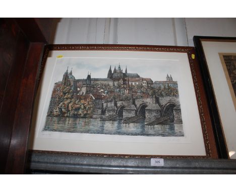 A pencil signed Victorian etching of a Continental river scene