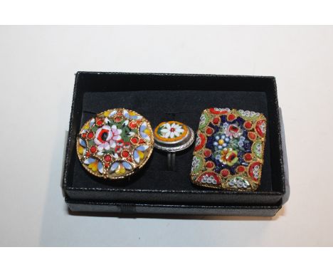 Two vintage Millefiori brooches and a ring 
