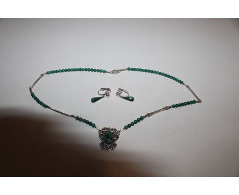 A vintage Sterling silver and malachite necklace and earrings, total weight 25gms 