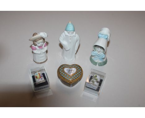 Three Royal Worcester porcelain candle snuffers entitled 'Toddy', 'Old Woman' and 'Feathered Hat'; a signed thimble; another 