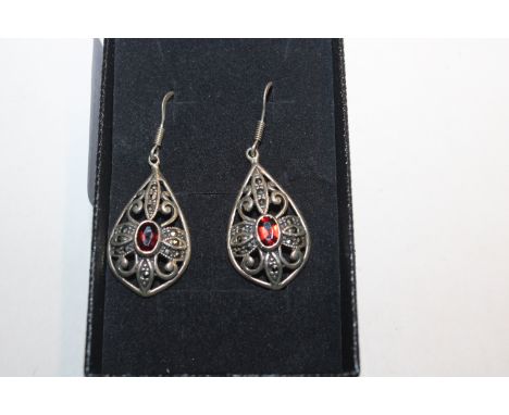 A vintage Sterling silver garnet and marcasite pair of drop earrings, 6.5gms 