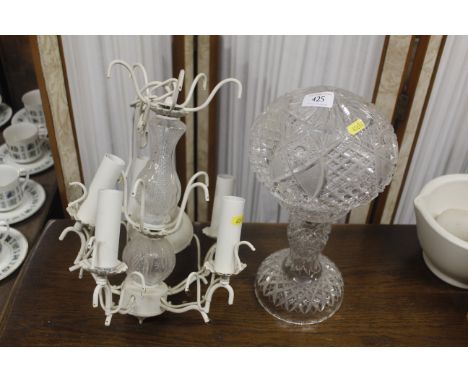 A cut glass table lamp and a five light pendant ceiling lamp