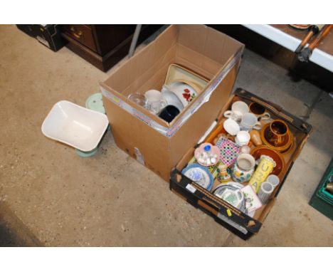 Two boxes of various domestic and decorative china and glass; a set of scales etc. 