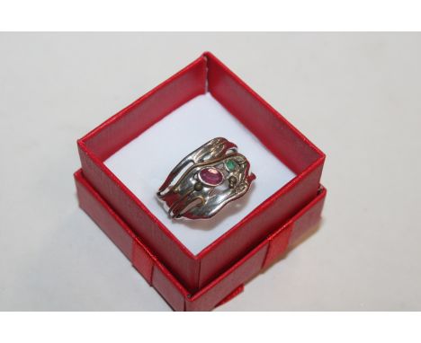 A Studio Sterling silver ruby and emerald set ring, ring size O/P, 5gms 