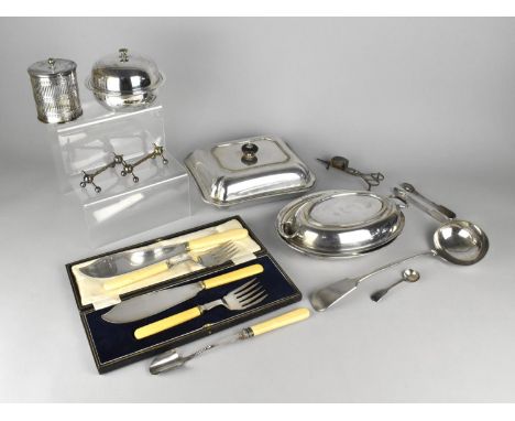 A Collection of Silver Plate to Comprise Bakelite Handled Fish Serves, Entree Dishes, Muffin Dish, Aesthetic Style Knife Rest