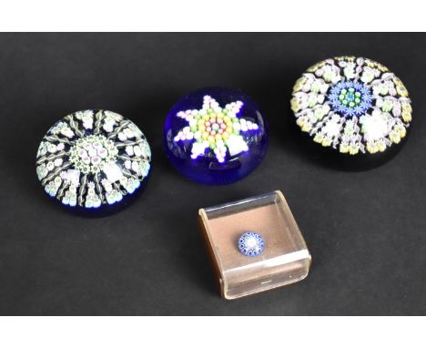Two Perthshire Millefiori Paperweights Together with a Further Example and a Caithness millefiori Pin Badge 
