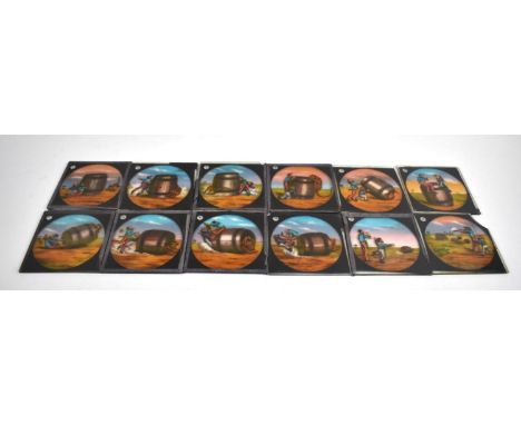 A Collection of 12 Coloured Magic Lantern Slides depicting Two Men Trying to Catch a Tiger in a Barrel 
