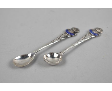 A Pair of Silver and Enamel Souvenir Condiment Spoons for Chester, Birmingham 1913 and Makers Mark RC 