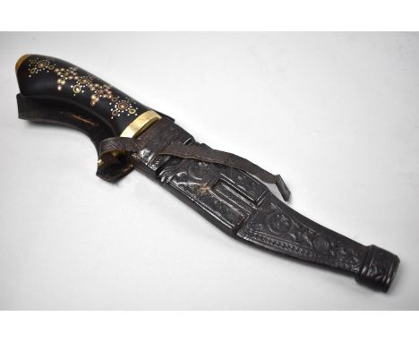 A Modern Hunting Knife with Inlaid Handle and Tooled Leather Scabbard, Overall Length 31cms 