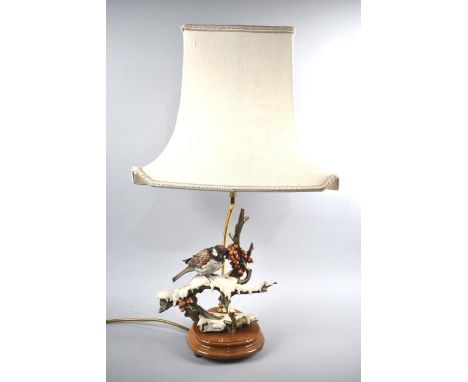 A Modern Table Lamp in the Form of a Sparrow Perched on Branch with Berries, Signed, Complete with Shade, Overall Height 63cm