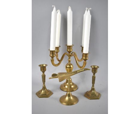 A Modern Brass Five Branch Candelabra, a Brass Model of Concorde and a Pair of Brass Candlesticks 